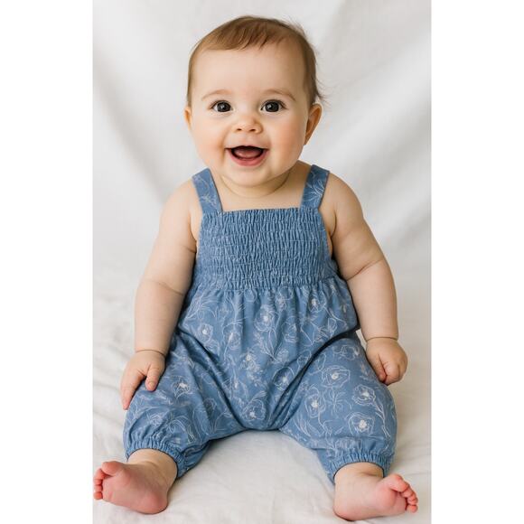 BARDOT Baby Missy Floral One Piece Outfit 12-18 MO Blue Linen Smocked NWT